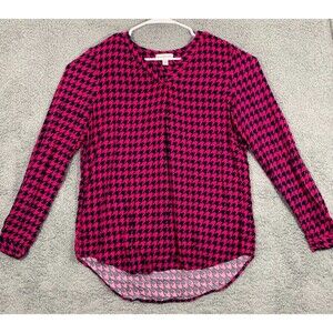 Black Pink Houndstooth Kim Rogers Medium (M) Long Adjustable Sleeve Top Blouse